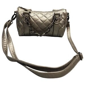 Poppie Jones Purse Womens Silver Shiny Metallic Quilted Leather Adjustable Strap
